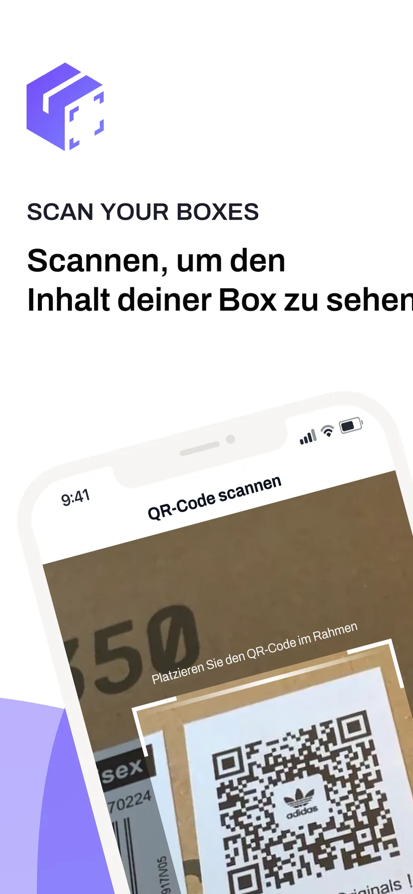 Scannen, um den Inhalt deiner Box zu sehen — der QR-Code auf einem Karton wird gescannt