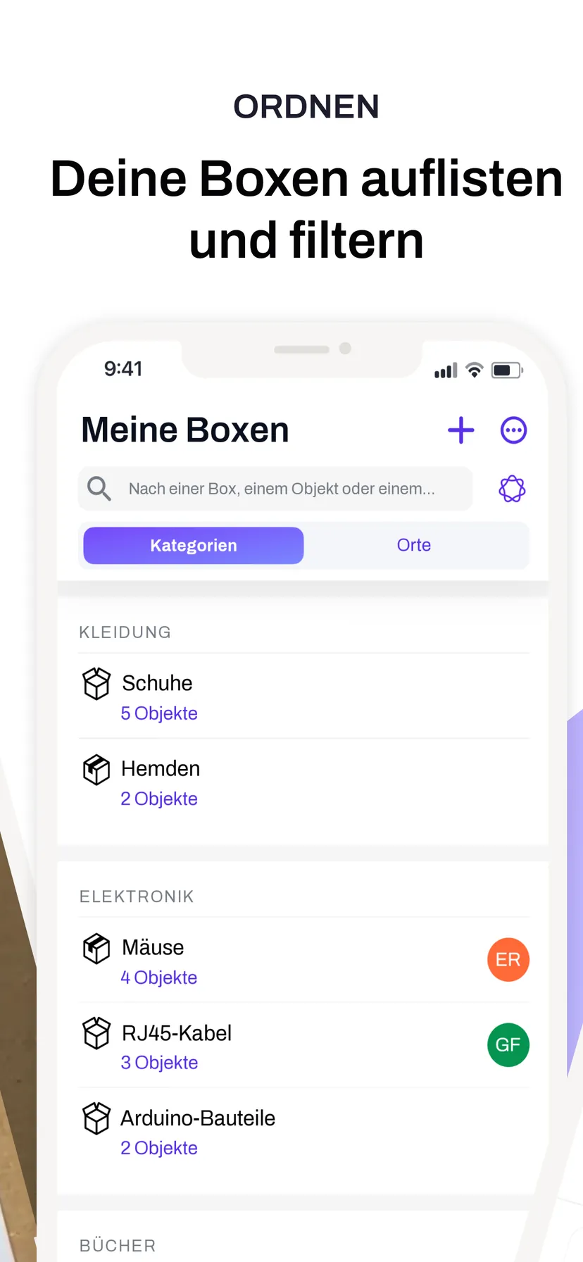 Deine Boxen auflisten und filtern — die Boxenliste, nach Kategorie und Ort