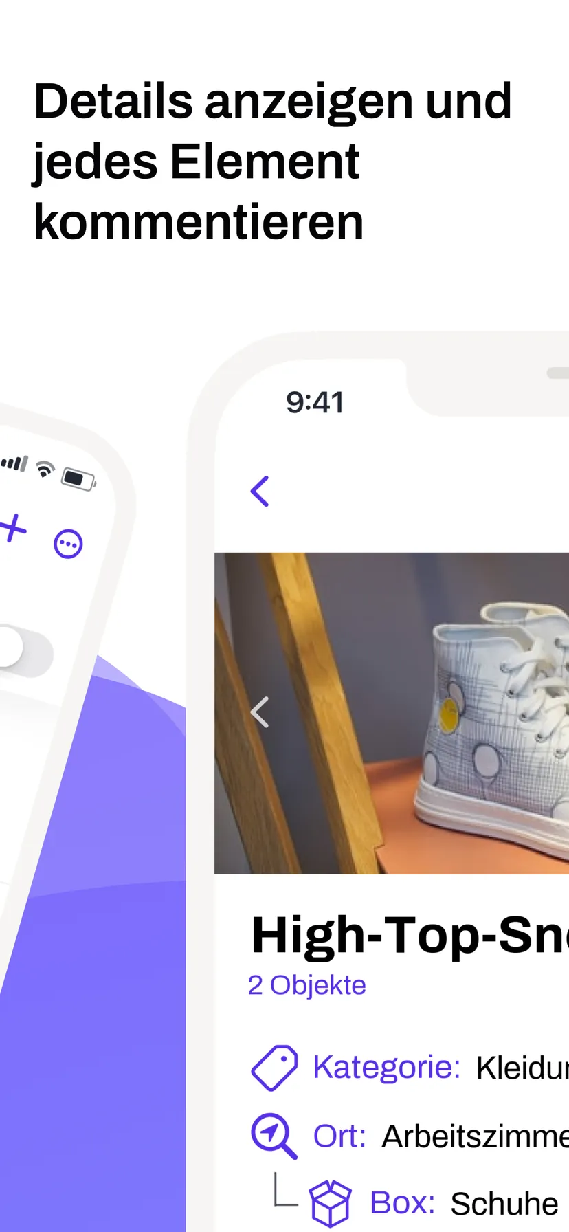 Details anzeigen und jedes Element kommentieren — Foto, Kategorie, Ort und Box eines Gegenstands