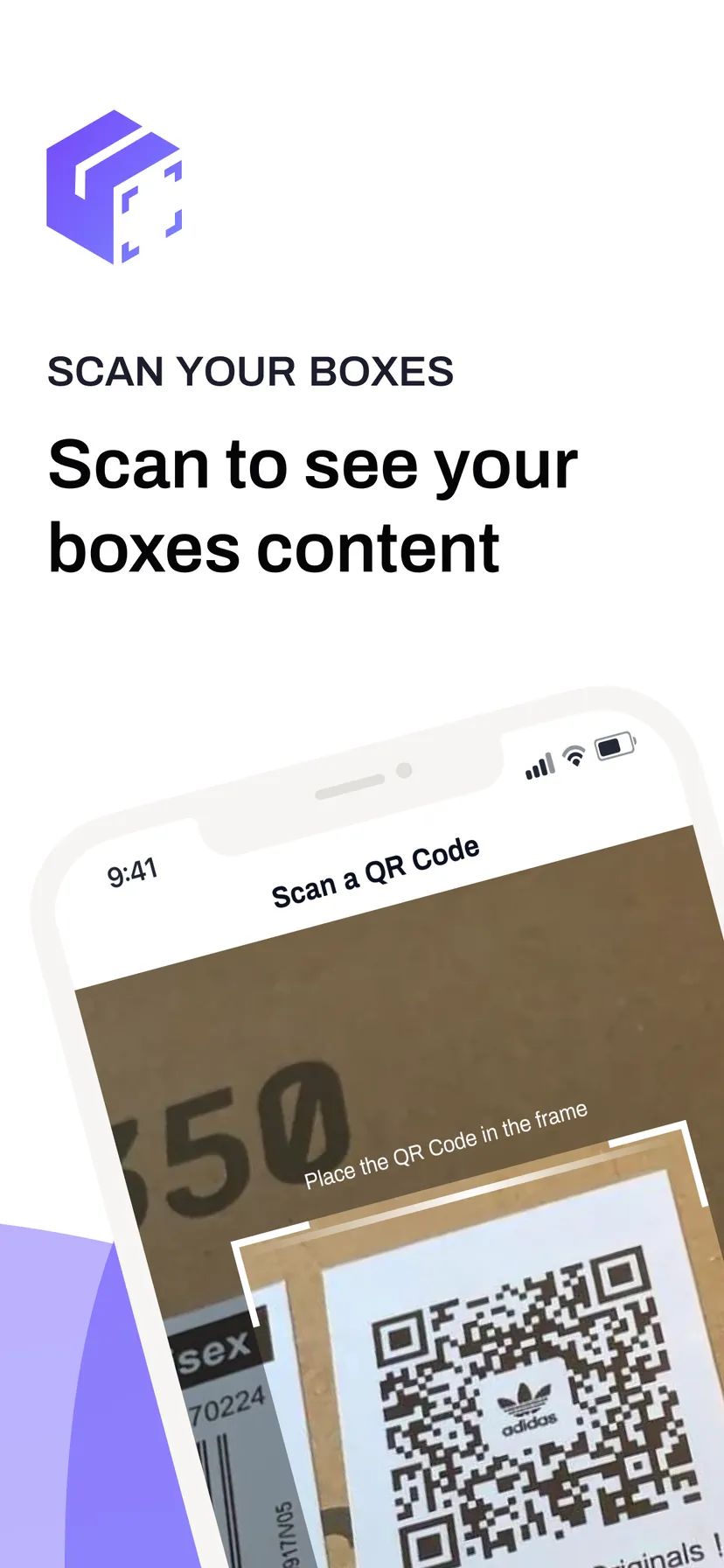 Scan to see your boxes content — scanning the QR code taped to a cardboard box