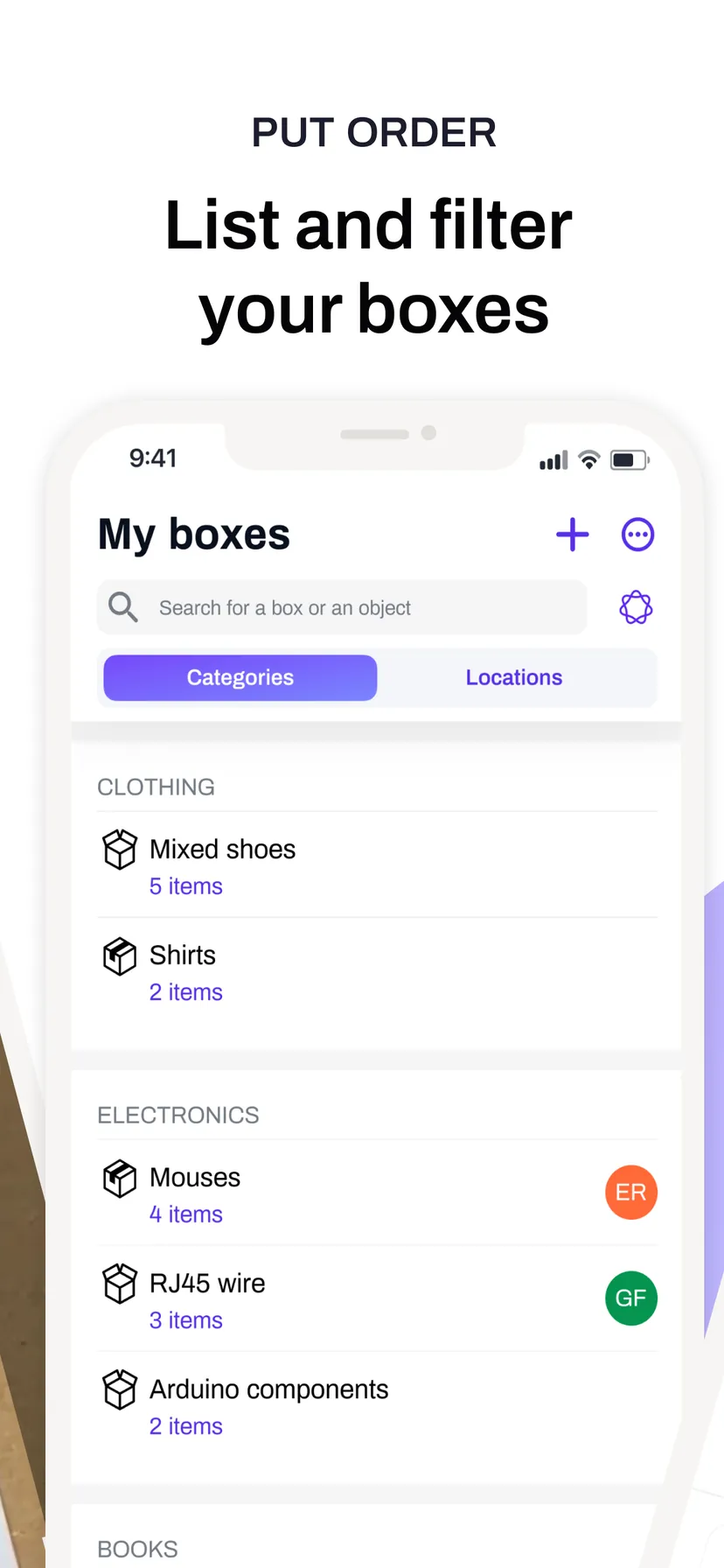 List and filter your boxes — the boxes list grouped by category and location