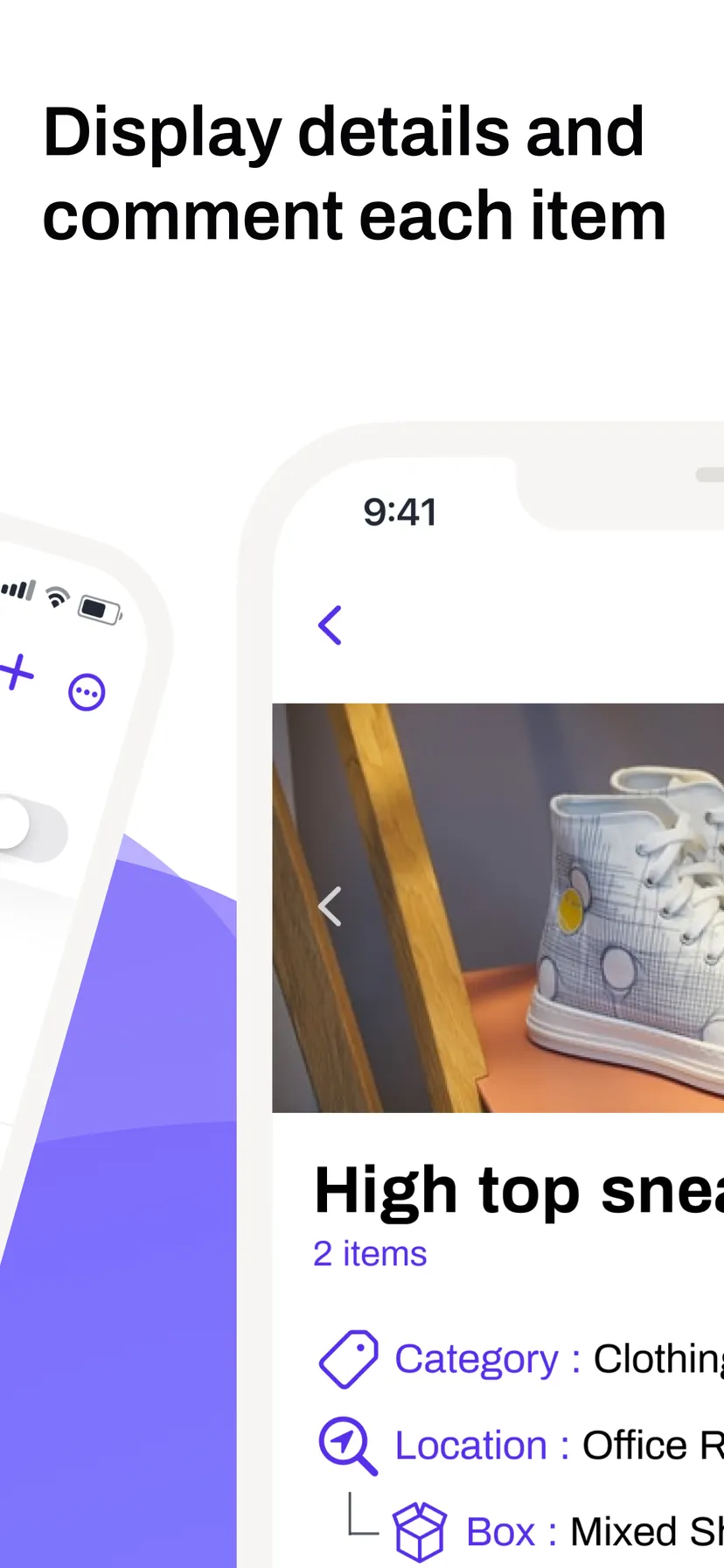Display details and comment each item — an item's photo, category, location and box