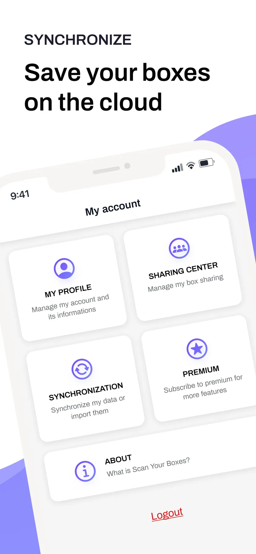 Save your boxes on the cloud — the account screen: profile, sharing centre, synchronisation and premium