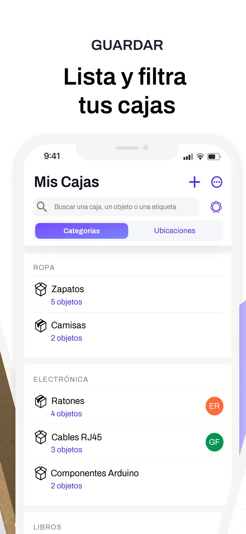 Lista y filtra tus cajas — la lista de cajas, por categoría y por ubicación
