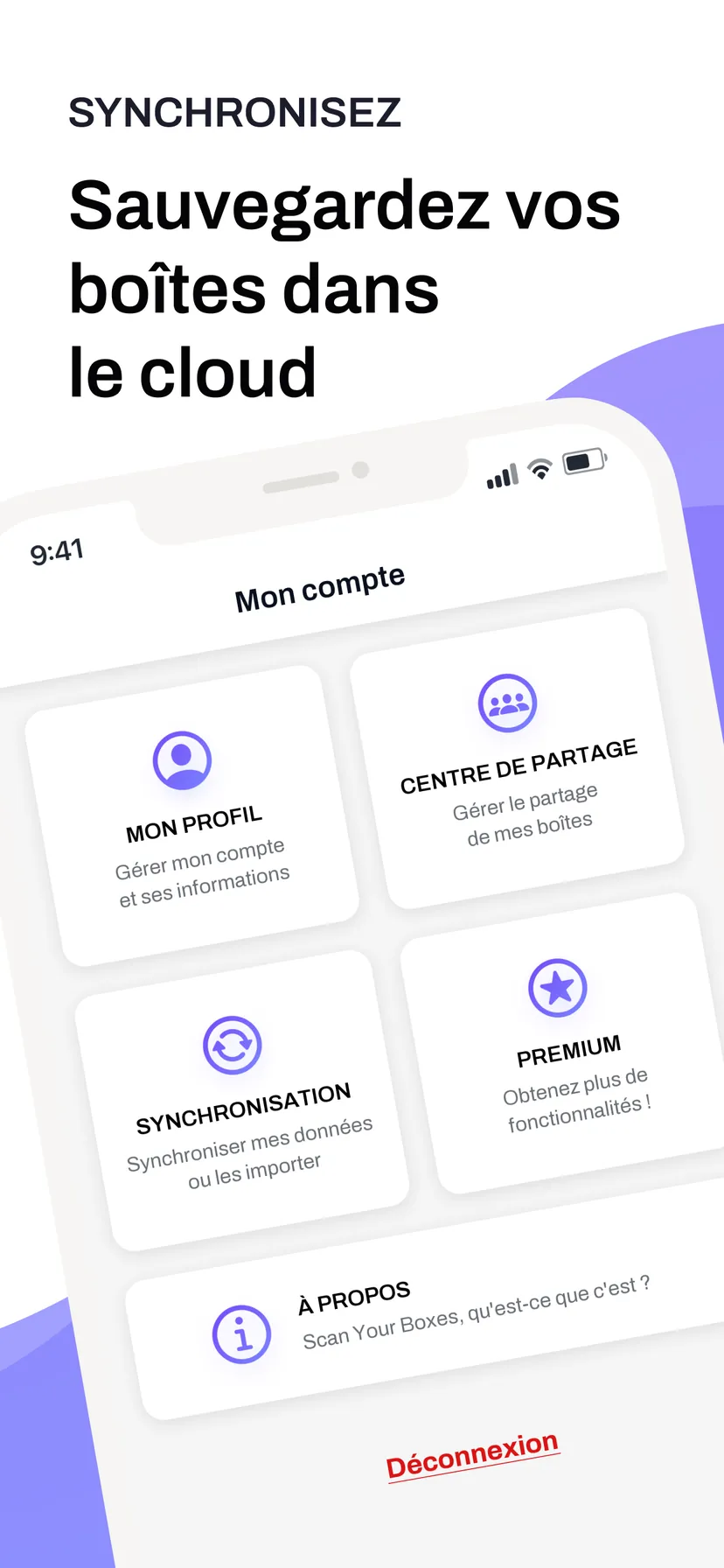 Sauvegardez vos boîtes dans le cloud — l'écran de compte : profil, centre de partage, synchronisation et premium